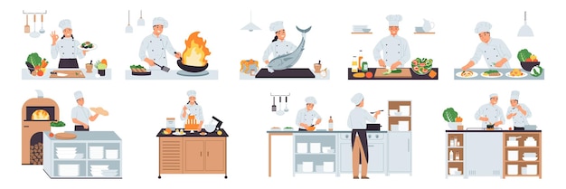 Vettore gratuito set con composizioni professionali di cuochi isolati con chef in uniforme che cucinano pasti da soli e in illustrazione vettoriale di squadra