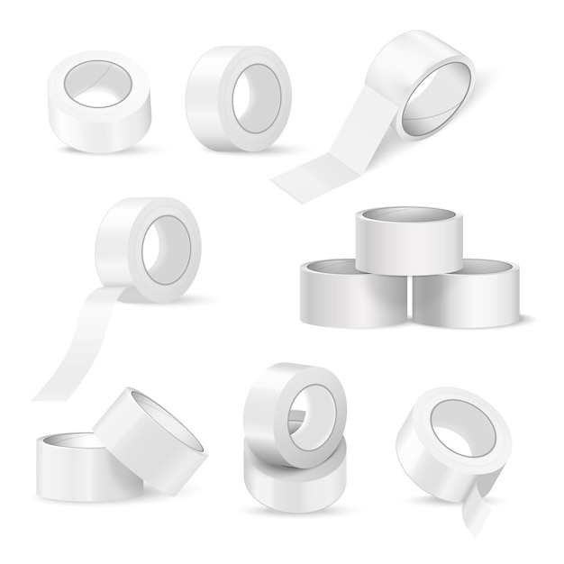 Free vector set with isolated duct tape mockup realistic images of scattering rolls of tape from different angles vector illustration