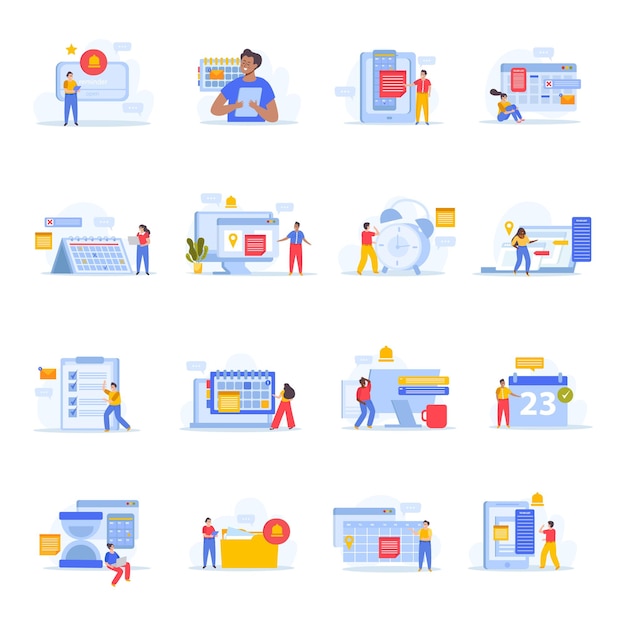 Free vector set with isolated event planning flat icons of calendar apps to do lists planners and people vector illustration