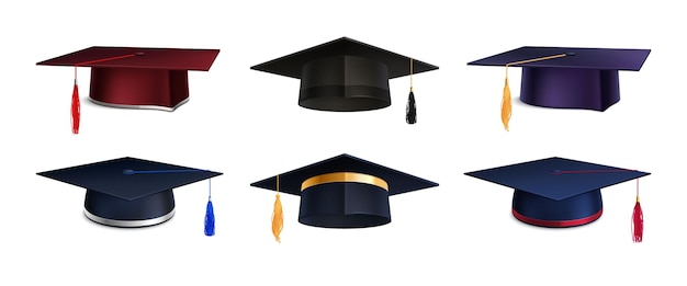 Free vector set with isolated graduation education realistic front icons of academic hats with tassels on blank background vector illustration