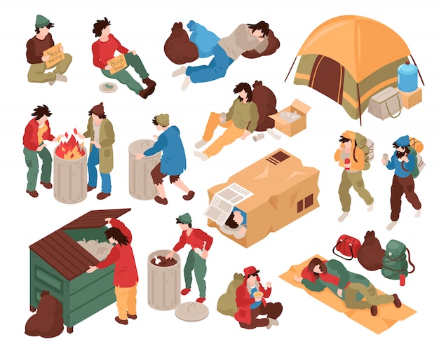 Free vector set with isolated images of homeless people human characters and various related objects