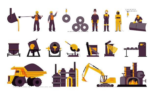 Набор с изолированными иконами металлургического производства и плоскими изображениями промышленных рабочих, машин, экскаваторов и векторных иллюстраций грузовиков