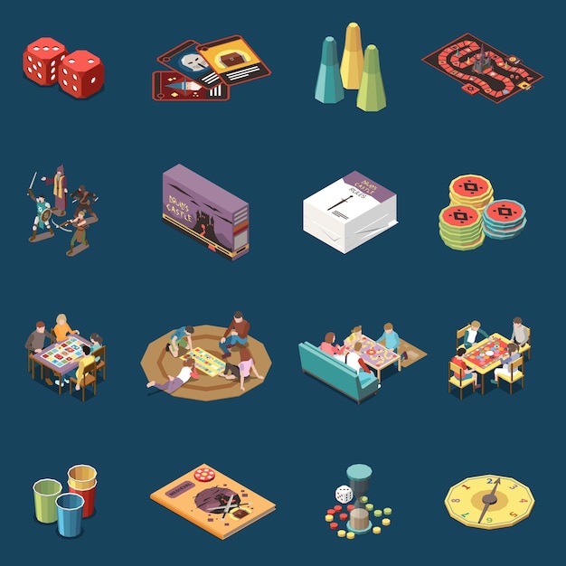Free vector set with isolated people playing board games isometric icons and images of game elements with characters vector illustration