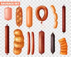 Free vector set with isolated realistic food images of whole sausages made of prepared meat on transparent background vector illustration