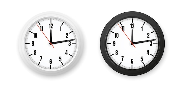 Free vector set with isolated realistic images of office clock with white and black models on blank background vector illustration
