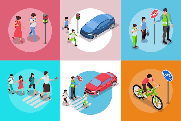 Free vector set with isolated round compositions with children road safety rules isometric images of kids and cars vector illustration