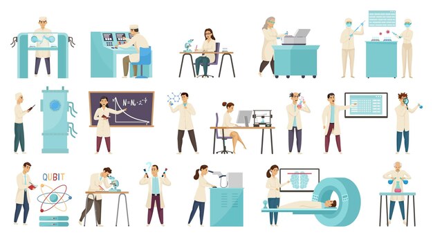 Set with isolated scientific laboratory icons and flat characters of scientists working with various lab appliances vector illustration