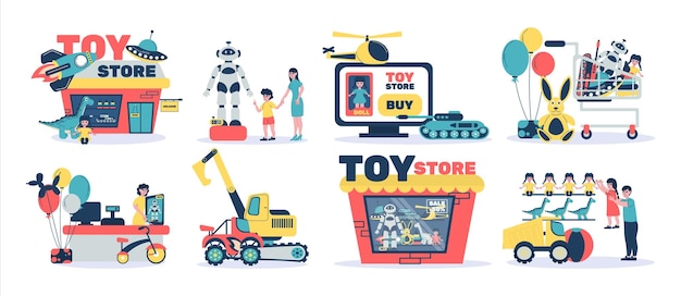 Set with isolated toy store compositions with people flat icons of toys storefront and shop counters vector illustration