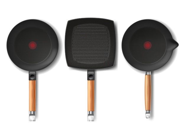 Set with realistic black frying pans of various shapes, with red thermo-spot indicator