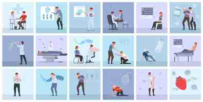 Free vector set with square shaped isolated cardiovascular diseases compositions with flat human characters showing various sickness symptoms vector illustration