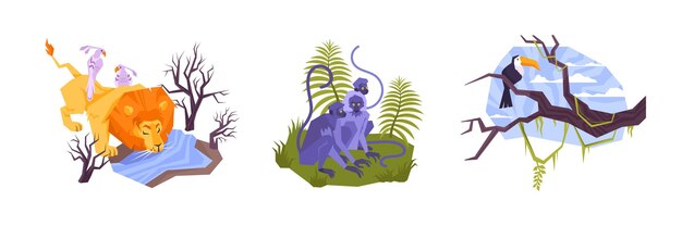 Set with three isolated compositions of flat tropical plants and animals