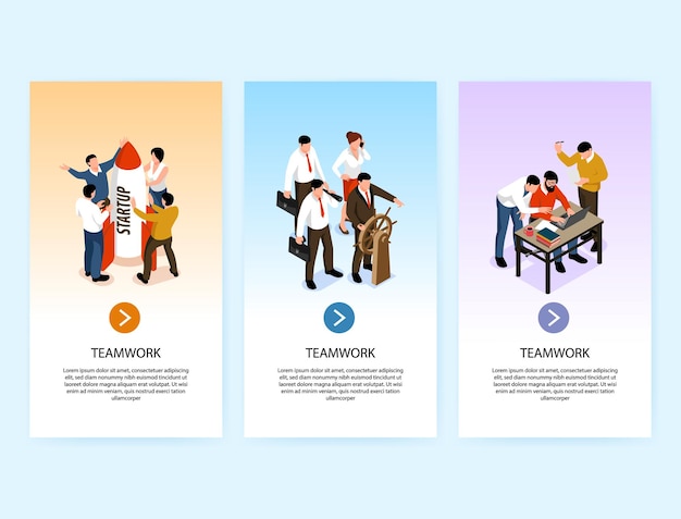 Set with three isometric teamwork vertical banners