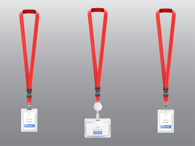 Free vector set with three realistic plastic badges, holders with clips, buckles and red lanyards