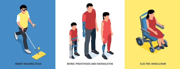 Set con tre composizioni quadrate di tecnologia isometrica persone disabili con didascalie di testo e personaggi umani illustrazione vettoriale