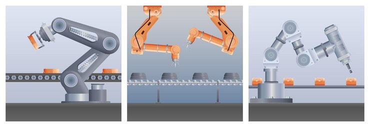 Free Vector set with three square compositions of robot manipulator arm realistic images with views of assembly lines vector illustration
