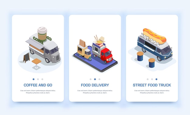 Set with three vertical isolated food truck isometric banners