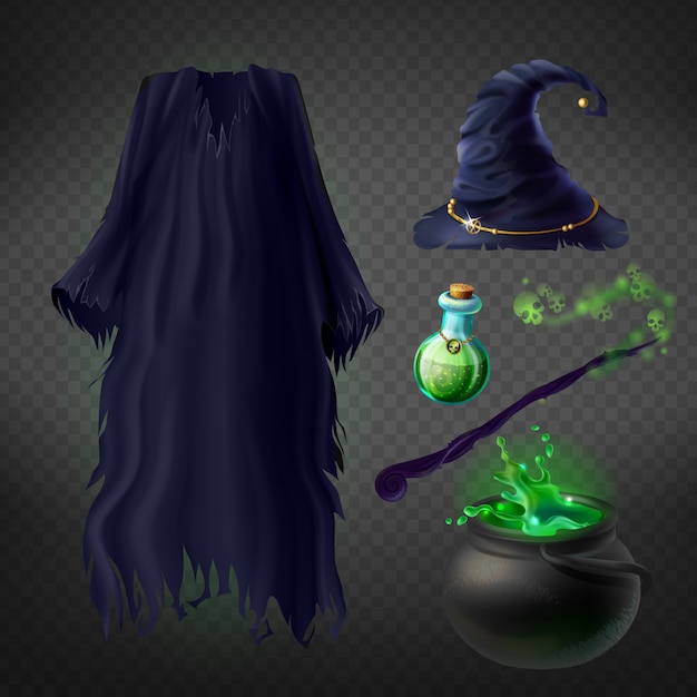 Set with witch costume for halloween party and magical accessories