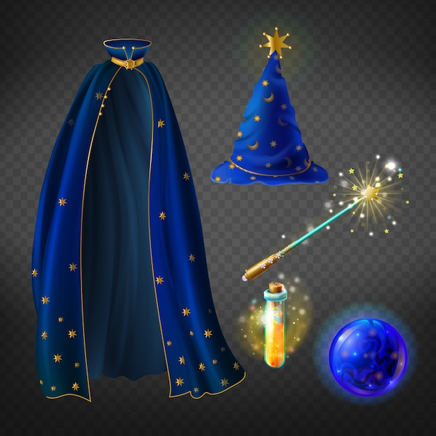 Set with wizard costume for halloween party and magical accessories