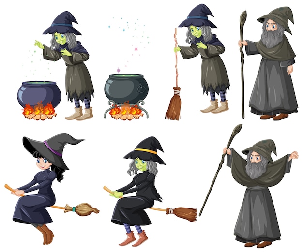 Free vector set of wizard or witches and tools cartoon style isolated on white background