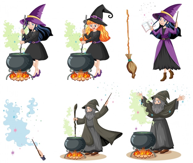 Free vector set of wizard or witches with magic tools cartoon style isolated