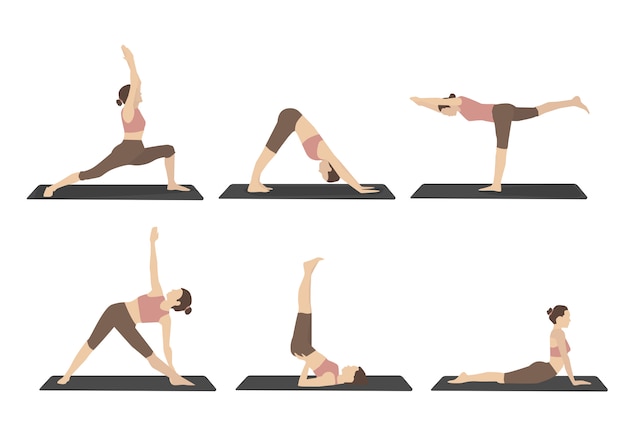 Set of woman performing yoga poses in brown sport clothes