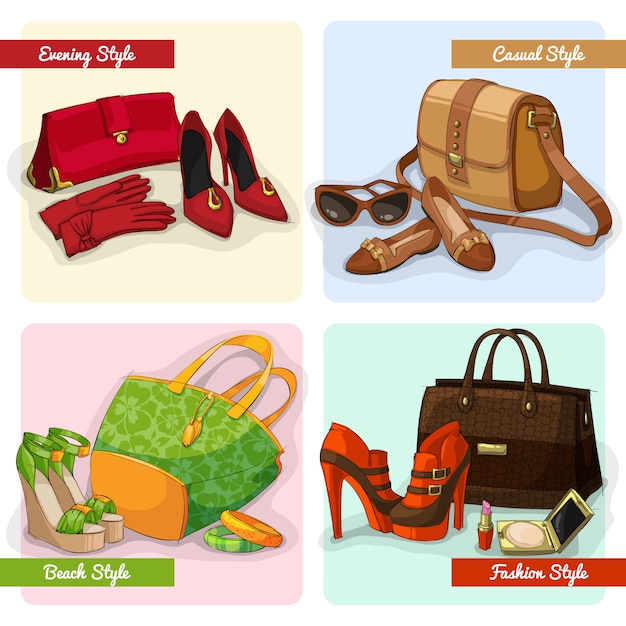 Free vector set of women elegant bags shoes and accessories in evening fashion casual and beach