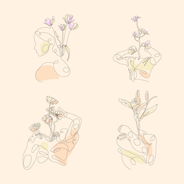 Set of women in elegant floral line art style