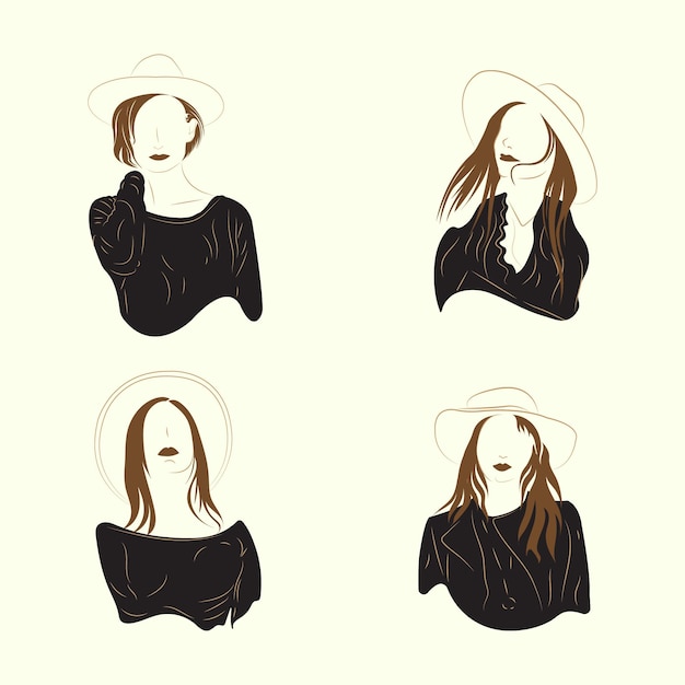 Free vector set of women in elegant floral line art style