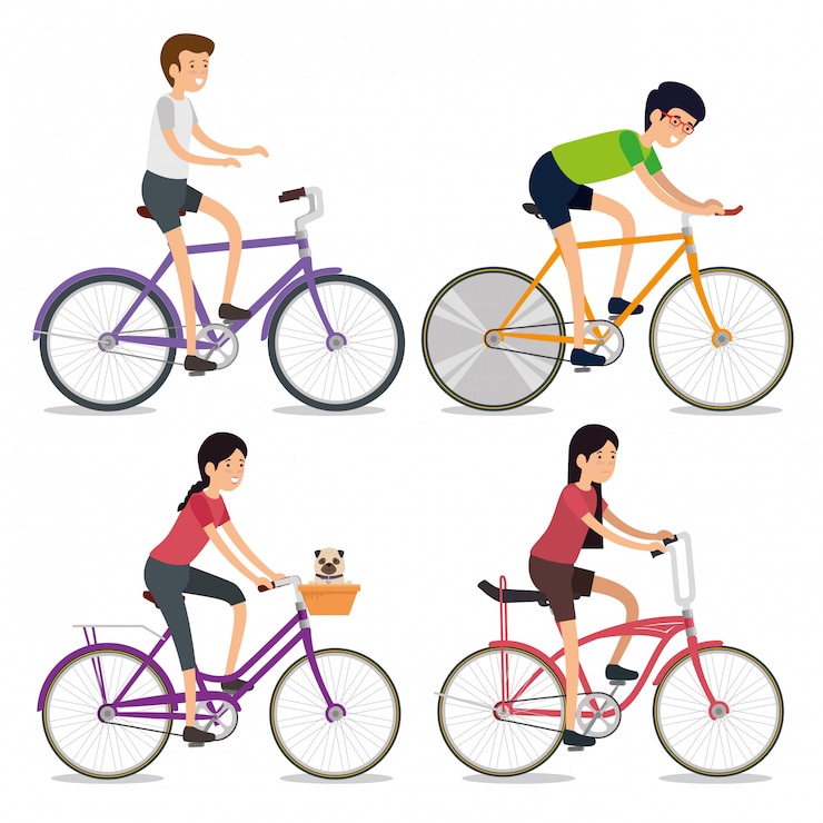 Free Vector set women and men riding a bicycle sport