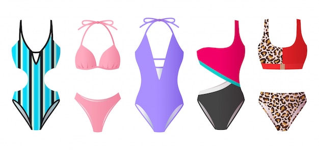 Set of women swimsuits, colorful bikini and monokini, beach clothes