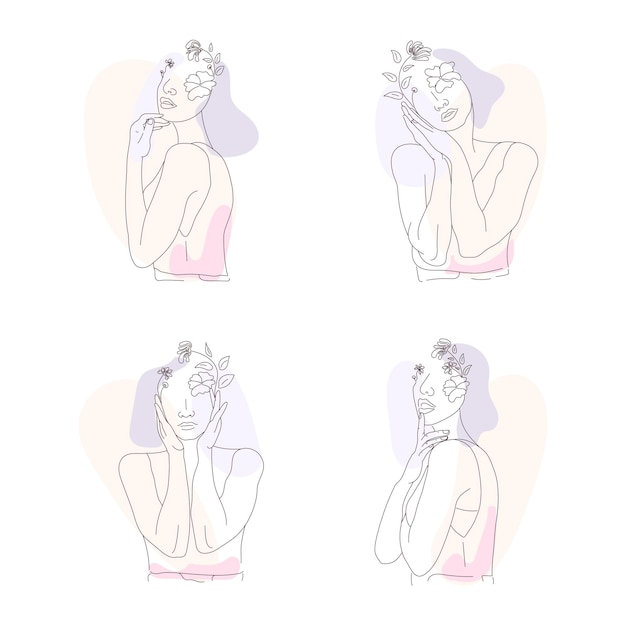 Free vector set of women with floral in elegant line art style