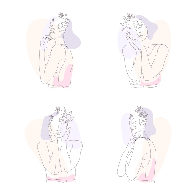 Set of women with floral in elegant line art style