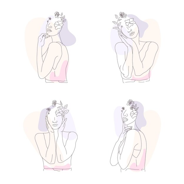 Set of women with floral in elegant line art style