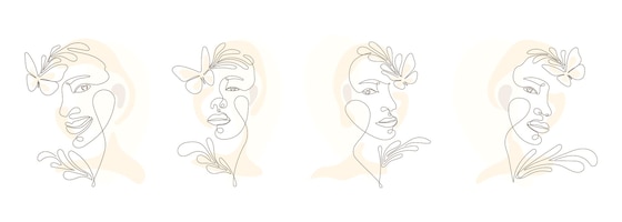 Set of women with floral in elegant line art style