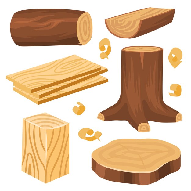 Set of Wood logs and stubs on white background