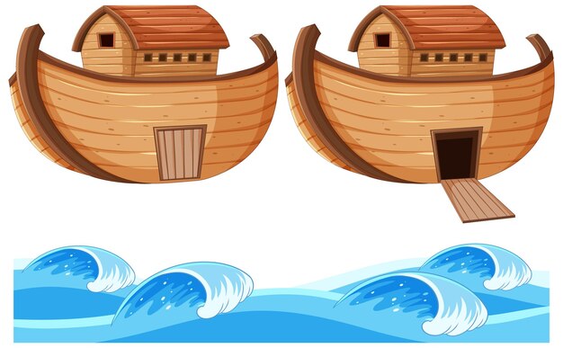 木製ボートと波のセット