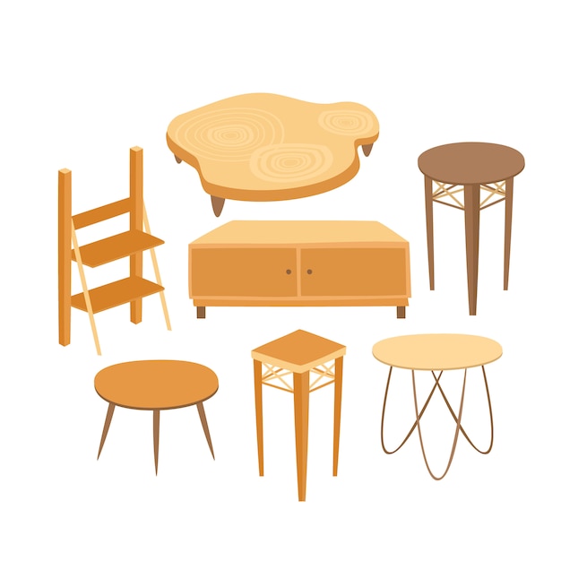 Free vector set of wooden tables and cabinets for the interior