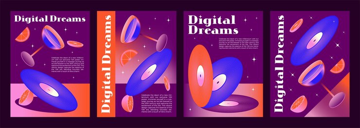 Free Vector set of y2k electronic music party posters