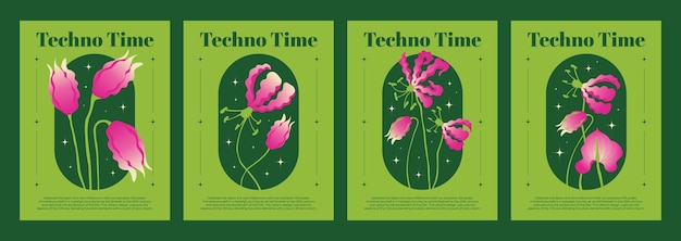 Free vector set of y2k groovy posters with floral design