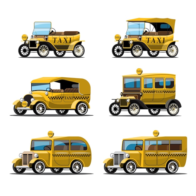 Free vector set of yellow antique taxi car in retro style on white