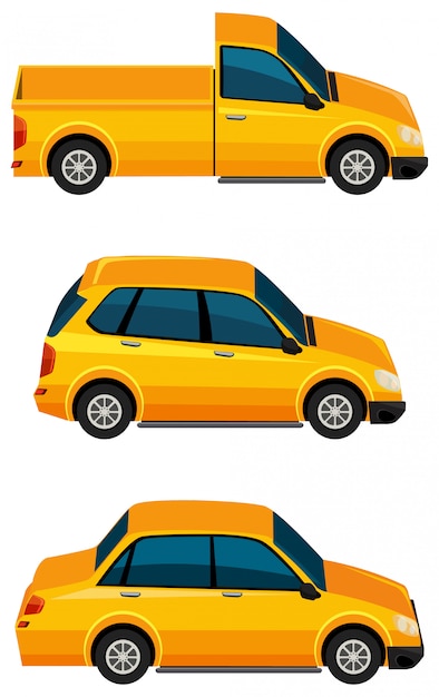 Set of yellow cars on white background