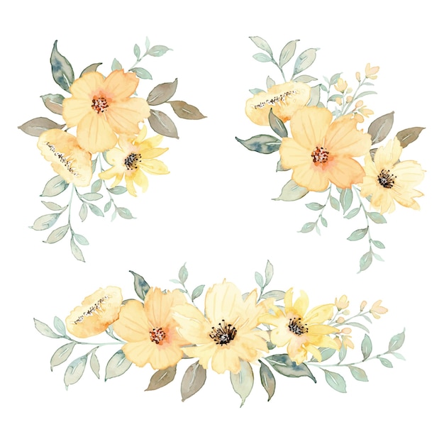 Set di bouquet di fiori gialli con acquerello