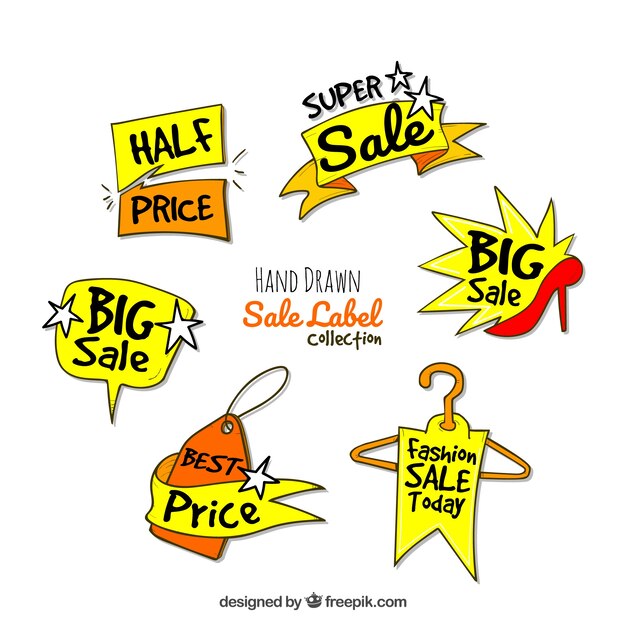 Free vector set of yellow stickers of hand drawn sales