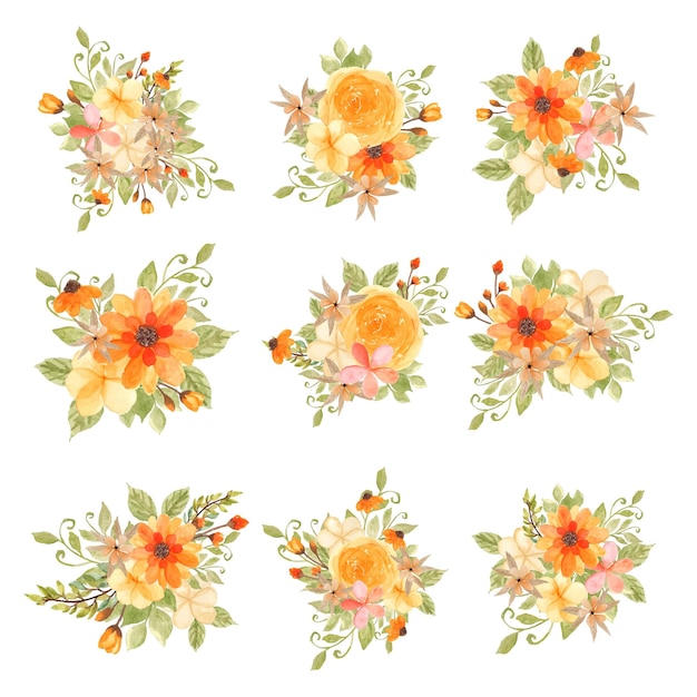 Free vector set of yellow summer flower bouquet watercolor illustration