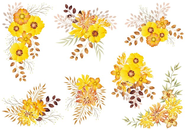 흰색에 고립 된 노란색 수채화 꽃 요소의 집합