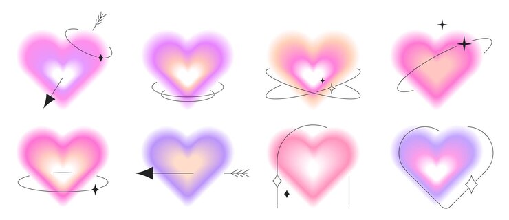Free Vector set of yk valentine gradient hearts with blur effect blurred aura soft pastel color elements glow