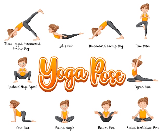 Yoga Poses with Pose Name Cartoon Character Set 2 Stock Vector -  Illustration of happy, upward: 236067986