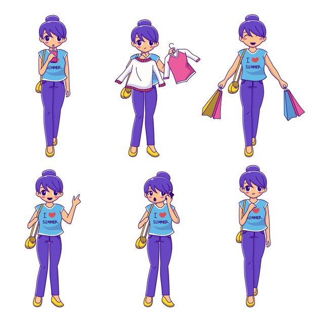 Free Vector set of  young beautiful girl cartoon character going shopping    illustration