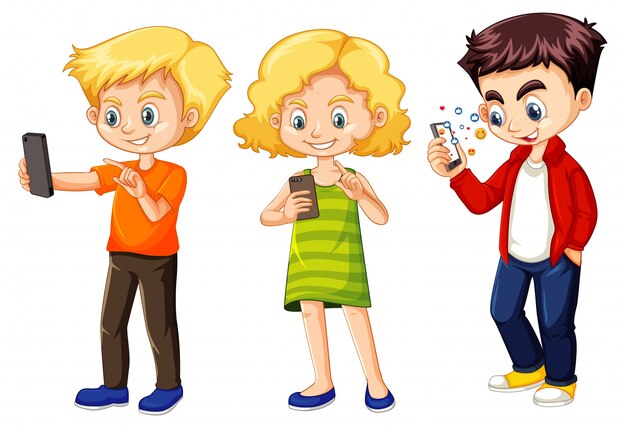 Set of young children using phone