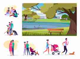 Free vector set of young families resting at summer